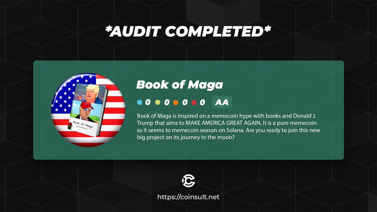 🔒 AUDIT COMPLETED FOR BOOK OF MAGA 🎁 GIVEAWAY: $20 (48 hours) 1⃣ Follow @boma_sol & @CoinsultAudits 2⃣ Like + RT this tweet 3⃣ Place a comment 💬 Go check out the full project page of Book of Maga 👇 coinsult.net/projects/book-… #giveaway #audit #smartcontract #cryptogiveaway…