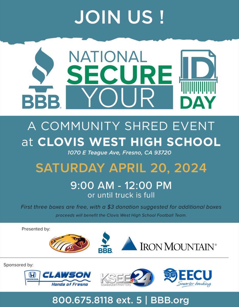 Clovis West Football Shred event! Next Saturday from 9-12 at CW.