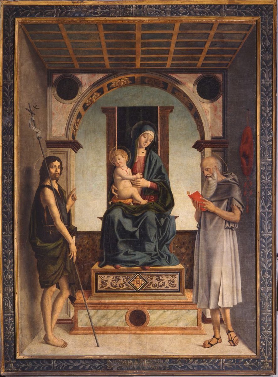 Madonna z Dzieciątkiem na tronie 1500r, 232 x 165 cm Filippo Mazzoli Madonnie towarzyszy św. Hieronim i św. Jan patrzący na widza i wskazujący Dzieciątko - najważniejszą Osobę na obrazie. Płótno zachowało oryginalną drewnianą ramę skrzynkową inspirowaną oprawą feretronu. Parma