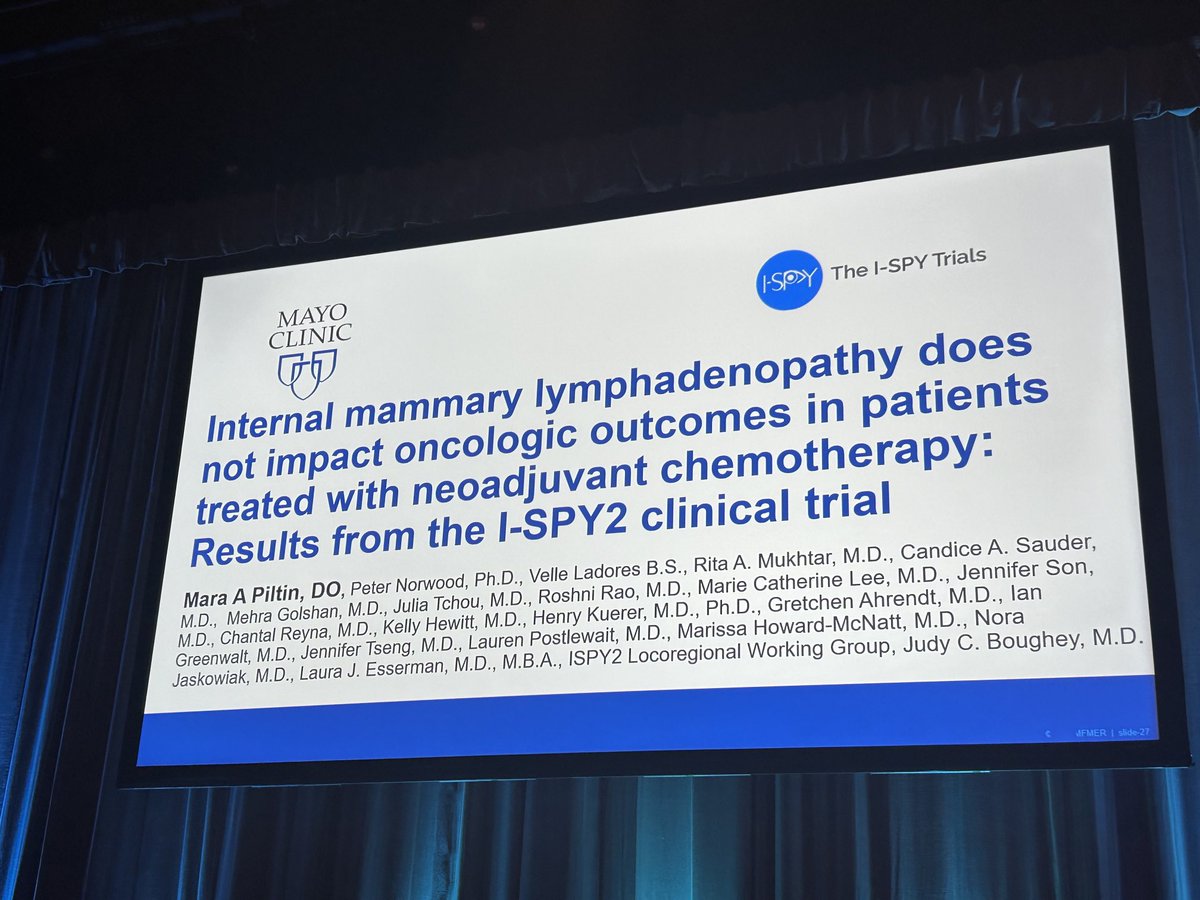 Data from ispy2 shows IM lymphadenopathy in patients treated with neoadjuvant chemotherapy does not negatively impact outcome. #asbrs24 ⁦@ISPY2trial⁩ @DrMaraPiltin⁩ ⁦@MayoClinicSurg⁩ ⁦@MayoCancerCare⁩