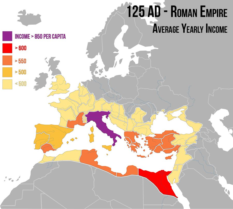 Vilayetlere göre Roma İmparatorluğu'nda kişi başına düşen gelir.