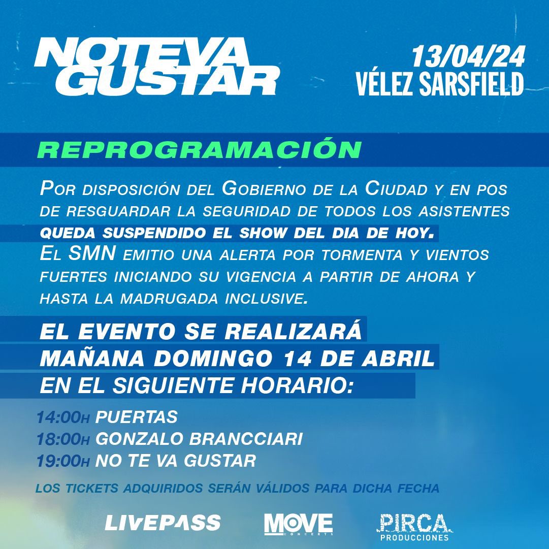 ntvgoficial's tweet photo. Queridos amigos: lamentablemente nos vemos obligados a postergar un día el gran festejo, la seguridad de todos es lo primordial y el pronóstico climático no está de nuestro lado hoy. Se sigue dilatando nuestro tan esperado reencuentro… (1/2) https://t.co/eBWnEB474j