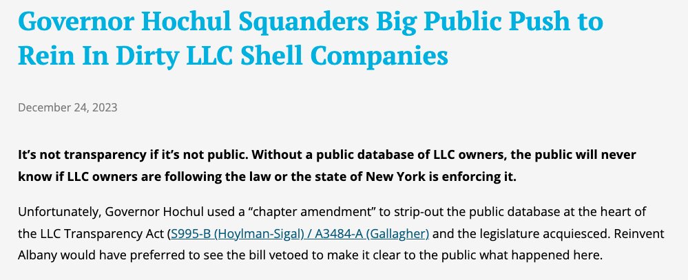 Governor Hochul: In order to receive tenant protection, you need to know how many units your landlord owns behind all their shell LLCs

Also Governor Hochul: *singlehandedly prevents the state’s list of LLCs from being viewed by the public*