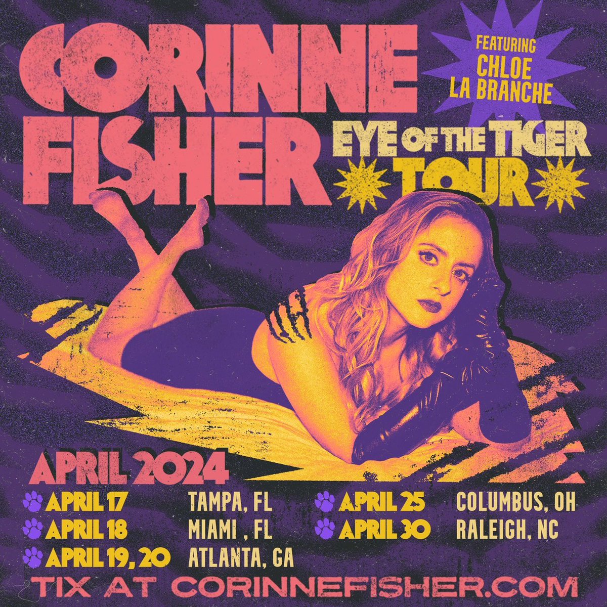 EYE OF THE 🐯 TOUR STARTS WEDNESDAY!!! TAMPA MIAMI ATLANTA COLUMBUS RALEIGH Full schedule & tix ➡️ corinnefisher.com/calendar/