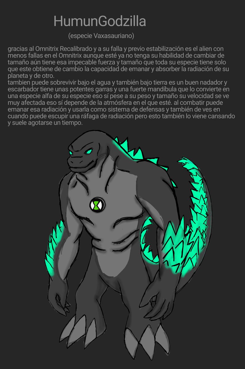 le0nTrevio10's tweet photo. Hola chicos como había dicho el siguiente alien del Omnitrix Recalibrado al estilo @arzergex del #Altertrix es ni más ni menos Humungosaurio
Este alien su diseño e ideas están inspirado obviamente en Godzilla y Humungosaurio.
Está vercion será inmune a este meme. https://t.co/aZHFjJzLyT