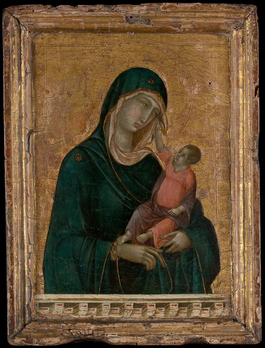 Madonna z Dzieciątkiem 1295r. 28x21cm #Duccio di Buoninsegna Jezus spogląda na bolesny wyraz twarzy Matki -przeczucie Ukrzyżowania. Parapet łączy sakralny świat obrazu z doczesnym światem widza. Dolna krawędź oryginalnej ramy z widocznymi śladami po wypaleniu przez świece. #NY