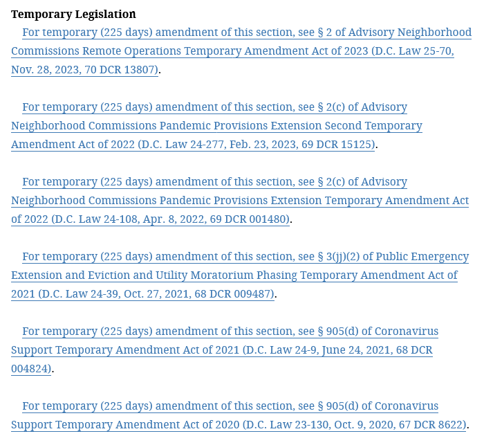 Since March 17, 2020, there have a been a total of 12 emergency & 6 temporary bills enacted into law permitting ANCs to hold public meetings virtually. The current temporary law (L25-70) is set to expire on July 10, 2024, necessitating passage of a *13th emergency bill* in June!