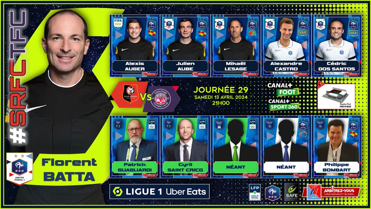 🐓 #FFF #LFP #Ligue1UberEats - Journée 29
#⃣ #SRFCTFC 
⚽️ @staderennais    🆚 @ToulouseFC 
🗓️ 13/04/2024
🕖 21H00 CET
🏟️ Roazhon Park - RENNES
📺 @CanalplusFoot 

@ArbitresSAFE @FFF @deux_zero @lequipe @Ligue1UberEats @LFPfr @sports_ouest @Ladepechesports @LesVioletsCom