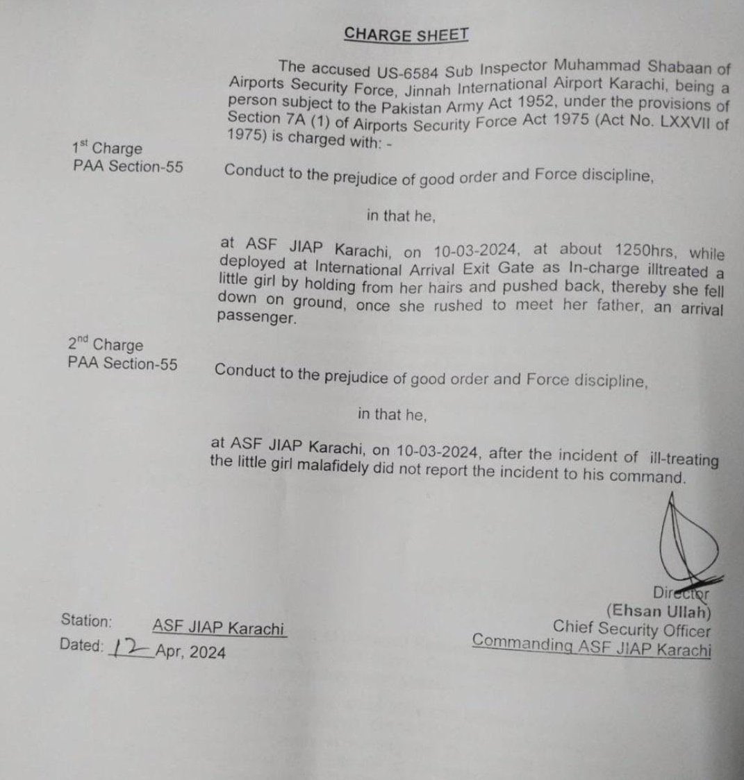 🚨 Charge sheet against ASF’s sub-inspector at Karachi Airport pulling a little girl from her hair and throwing her on the floor.