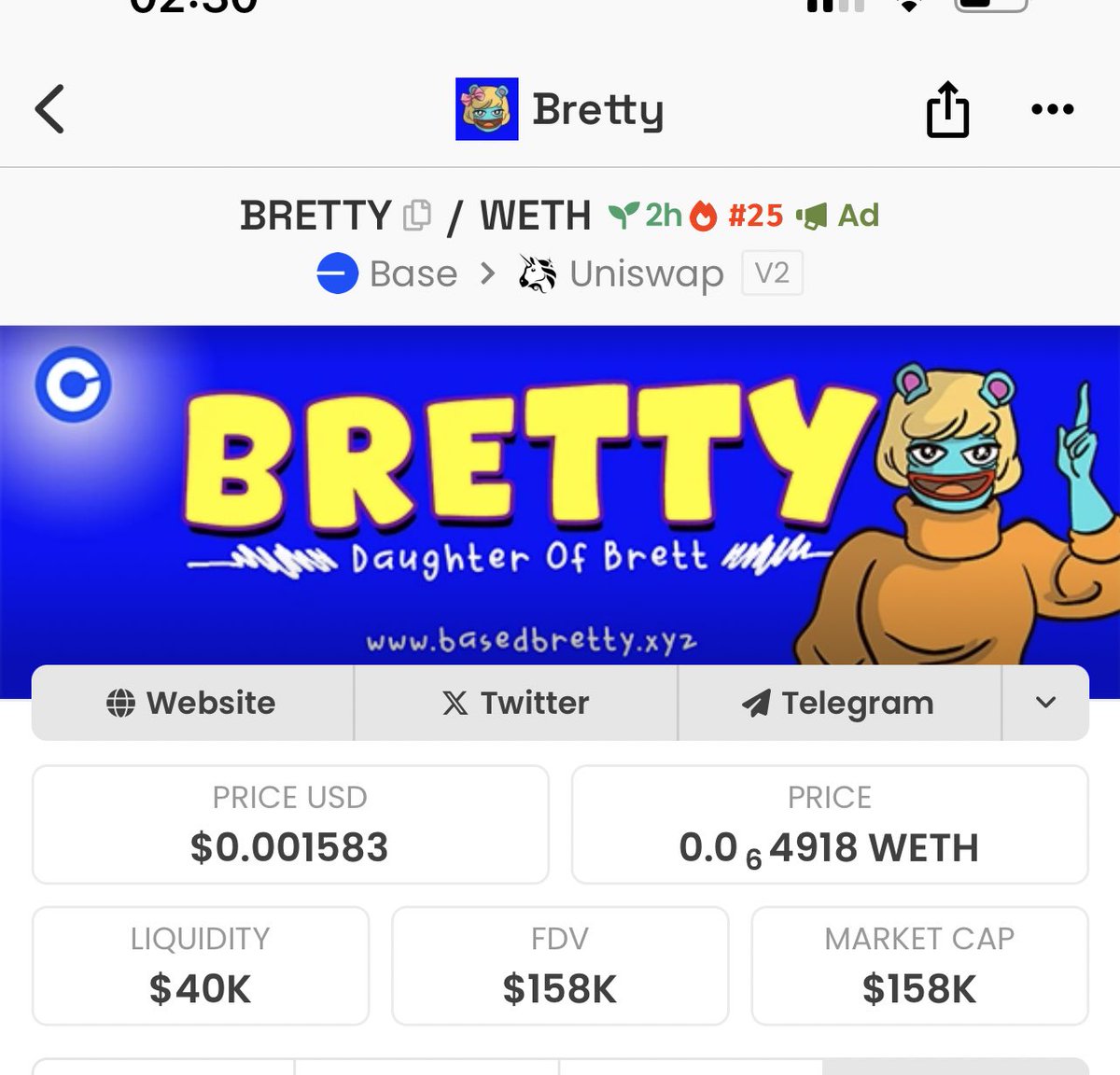 basedbretty's tweet photo. $Bretty trending #25 on dexscreener https://t.co/oBSAt1CUUm