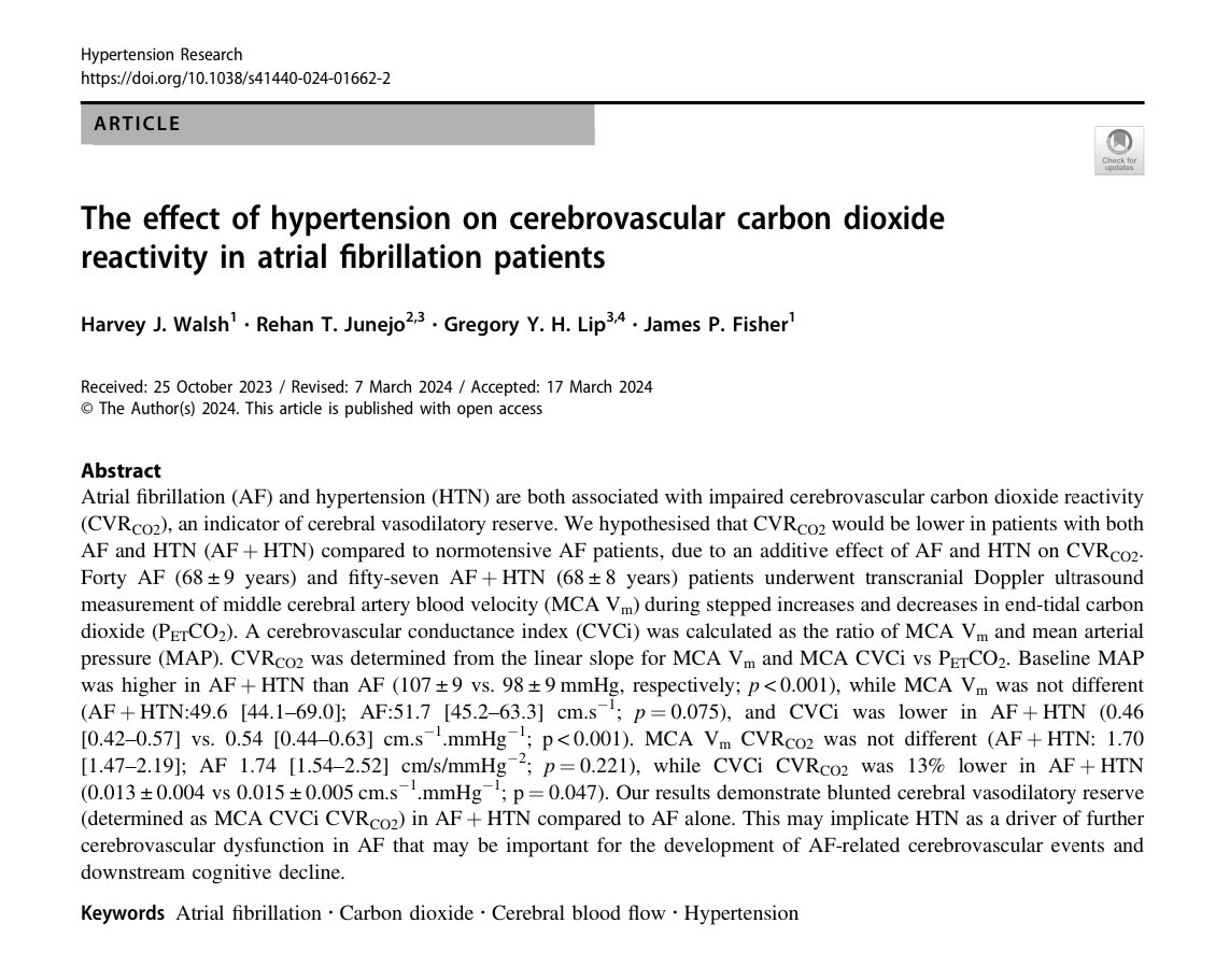 New paper: #Hypertension further restricts cerebral vasodilatory reserve in atrial fibrillation (#AF) patients