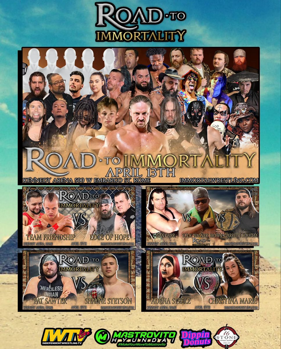 ‼️TONIGHT‼️ #RoadToImmortality at the Kennedy Arena in Rome, featuring a Steel Cage Match, the ##RoadToImmortality Rumble Match, and much more LIVE on IWTV! Tickets available at the door!