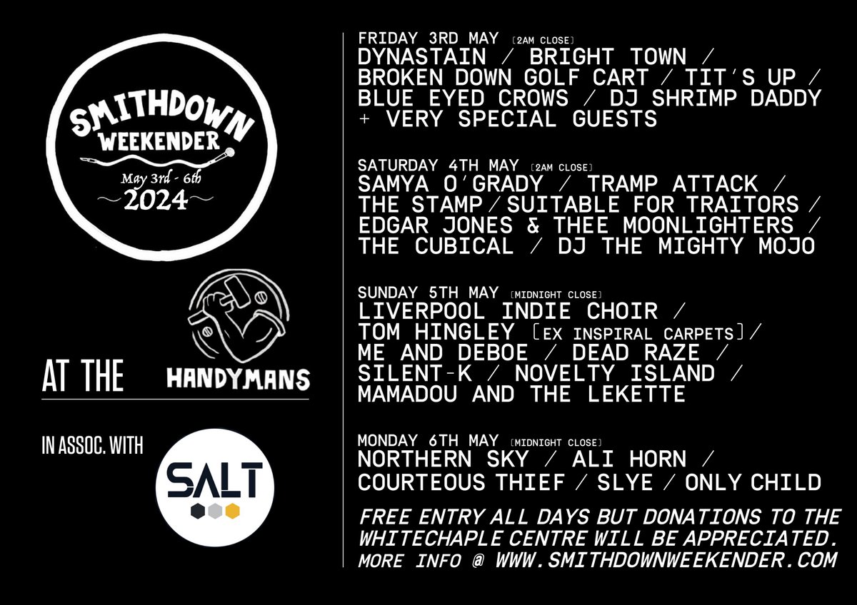 @handymanSmarket / @handymanbrewery - @SmithdownFest 2024 - Friday 3rd - 6th May - Feat: @edgarsummertyme @THECUBICAL @The_Mighty_Mojo @Silent__K__ @_noveltyisland @alialihorn @onlychildmusic + Loads More! Beer from @SaltBeerFactory / Free Entry but donations to @WhitechapelLiv