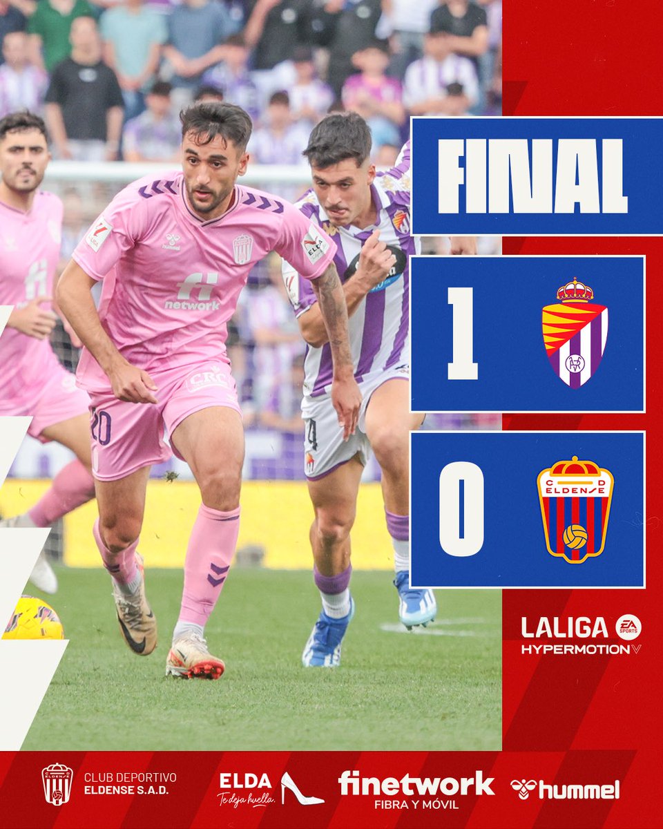 CD_Eldense's tweet photo. 🏁 FINAL • ¡Termina el partido en el Estadio Municipal José Zorrilla! 🏟

1️⃣ Real Valladolid CF
0️⃣ CD Eldense

Lo intentamos hasta el final, pero no nos dejaron.

#AupaDeportivo #SeguimosSoñando https://t.co/DtM15Mk1vR