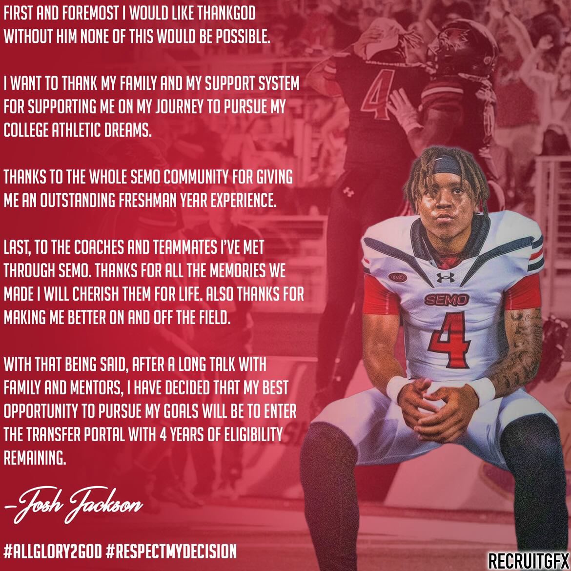 Thanks Semo program, ill be entering the portal April 15th🙏🏽 #AGTG #RespectMyDecision @coachDoeEdwards @CoachAGoggans @CSmithScout @shaynep_media @JGonzalesJr10 @RivalsPortal