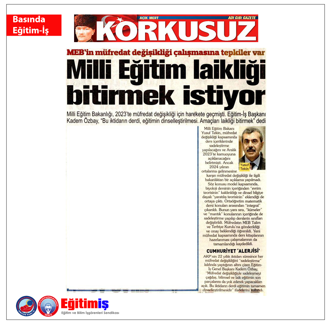 Genel Başkanımız Kadem Özbay, MEB'in müfredat değişikliği ile ilgili Korkusuz Gazetesine açıklamalarda bulundu. @kademozbay_ @kademozbay @korkusuzgazetesi @tcmeb