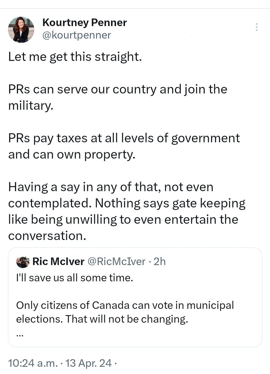 Calgary error councillor Kourtney Penner, who thinks fireworks are racist, now thinks that non-citizens should be able to vote in municipal election. Not entertaining the idea is apparently 'gate keeping'. What an absolute buffoon. Thank goodness for Smith gov. #yyccc