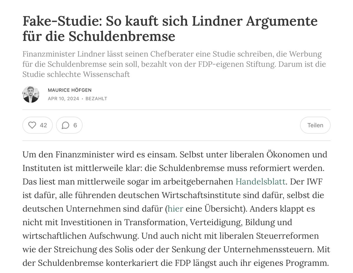 Der IWF ist dafür die #Schuldenbremse zu reformieren. Alle führenden deutschen Wirtschaftsinstitute sind dafür, selbst die deutschen Unternehmen sind dafür.

<a href="/c_lindner/">Christian Lindner</a> so: lässt seinen Chefberater eine Studie schreiben, bezahlt von der FDP-eigenen Stiftung.

Alles ganz normal.