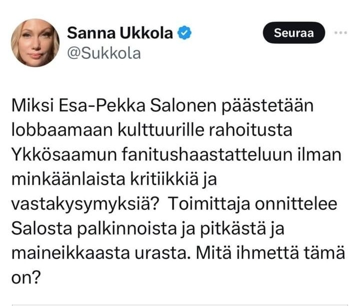 Aijai, onko Sanna Ukkolan etujärjestö Persut ohjanneet Sannalle liian vähän veronkevennyksiä, vai mikä mättää.. Ainakin Sannan mediakanava @iltalehti_fi  toimii moitteettomasti ja tuuttaa Ukkolan persuja tukevia identiteettiriita juttuja joka viikko. 
Kiitos @PerttuKauppinen