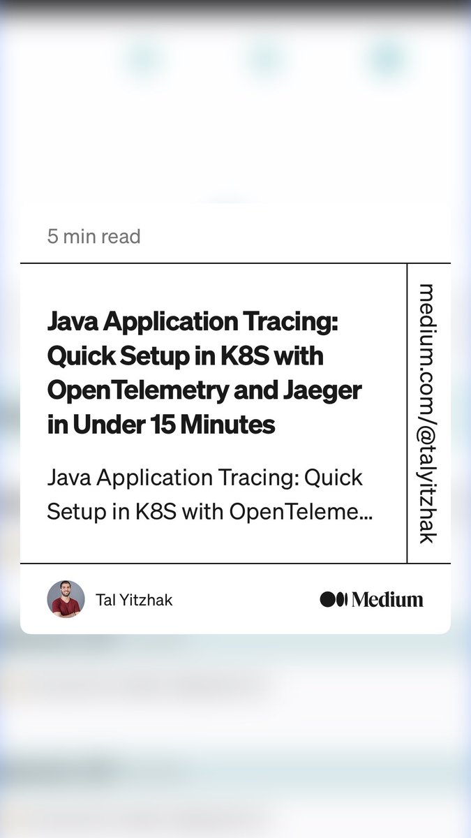 Eran Kinsbruner (@ek121268) on Twitter photo Java Application Tracing: Quick Setup in #K8S with OpenTelemetry and Jaeger in Under 15 Minutes” by Tal Yitzhak
medium.com/@talyitzhak/ja… <a href="/TalYitzhak/">Tal Yitzhak</a>  <a href="/Lightruntech/">Lightrun</a> Java Application Tracing: Quick Setup in #K8S with OpenTelemetry and Jaeger in Under 15 Minutes” by Tal Yitzhak
medium.com/@talyitzhak/ja… <a href="/TalYitzhak/">Tal Yitzhak</a>  <a href="/Lightruntech/">Lightrun</a>
