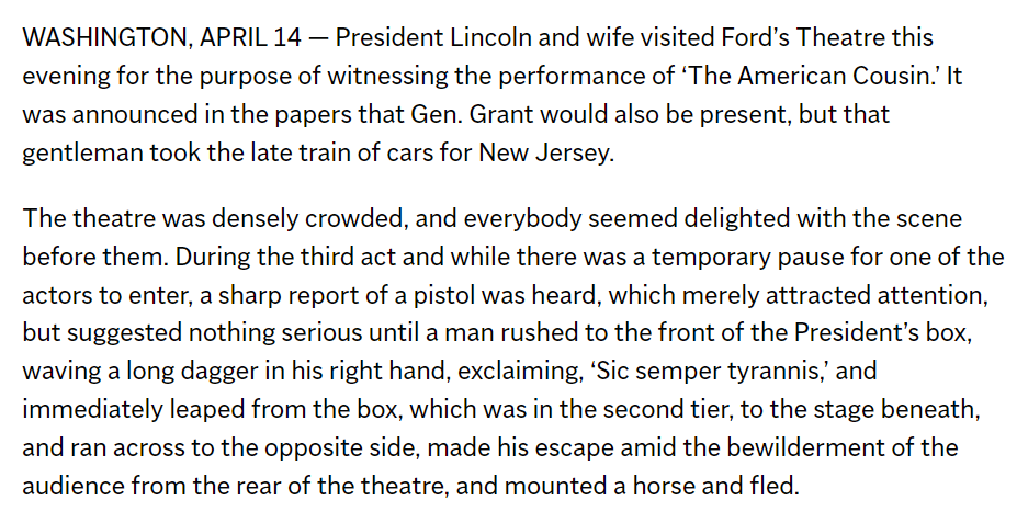 HashtagGriswold's tweet photo. Lincoln was shot 159 years ago tomorrow. The original AP report was just *slightly* guilty of burying the lede. https://t.co/HWvufRE57Y