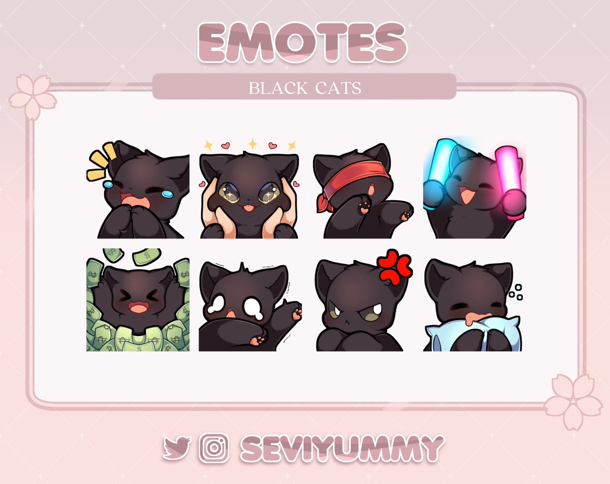🖤  Black Cat🖤
Pre-made sets of emotes!

🌸💲1⃣0⃣ usd the whole set ^^🌸
You can find these and more here:

✨ etsy.com/shop/SeviYummy
✨ ko-fi.com/seviyummy/shop
