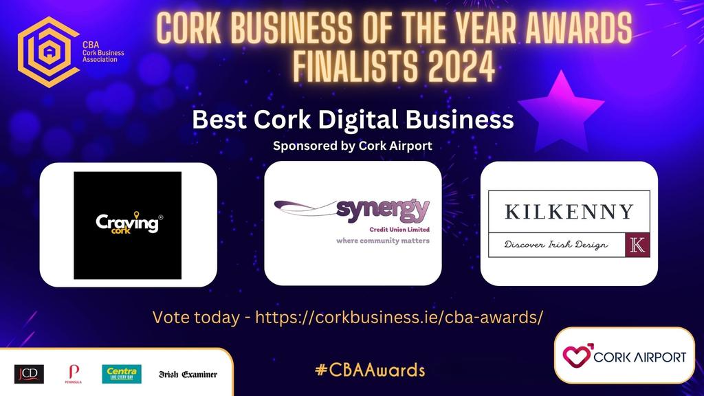 Best of luck to the finalists in the 'Best Cork Digital Business' category at tonight's @CBA_cork Awards - sponsored by @CorkAirport 🏆 @CravingCork @SynergyCUCork Kilkenny Design #CBAAwards