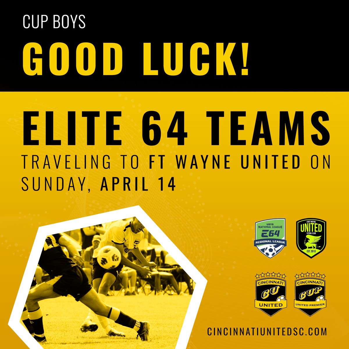 👏 Good luck to our E64 teams traveling to FT Wayne United on Sunday! 🎉

The following teams will be playing matches 09 Black, 08 Black, 07 Black, 06 Gold!

Best of luck 🙌