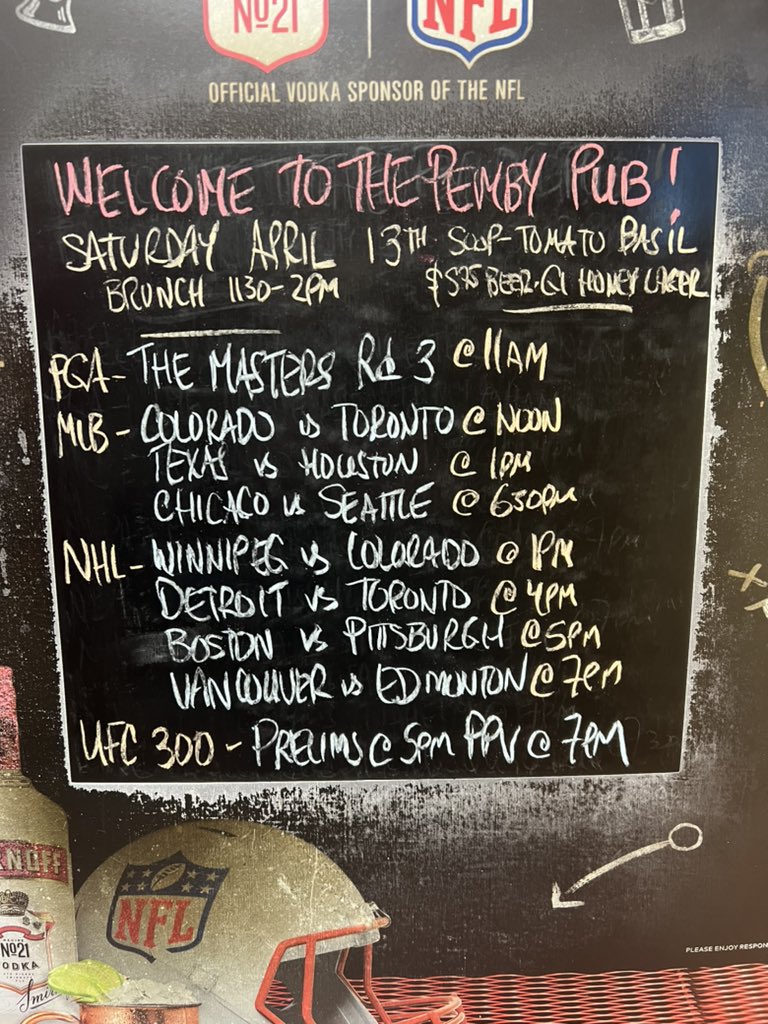 A spectacular Saturday to visit @ThePembyPub Brunch  11:30-2pm Join us for @PGATOUR #themasters rd 3 at 11am @MLB with @BlueJays at noon @NHL with @Canucks vs @EdmontonOilers at 7pm and @ufc #UFC300 tonight. Prelims at 5pm PPV at 7pm #pembypub #NorthVan #yourteamplaysatthepemby