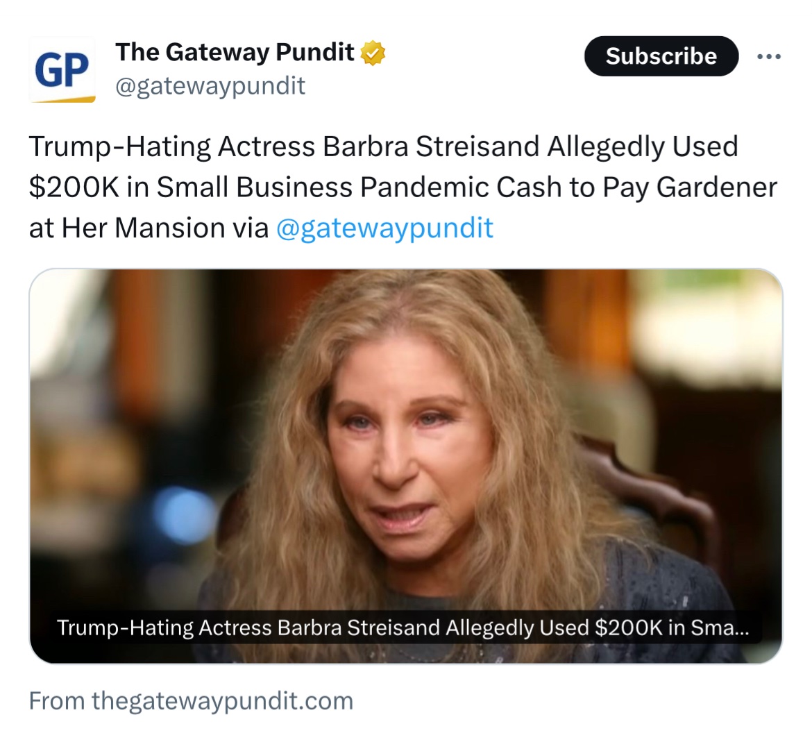 @BarbraStreisand How about your lies have they caught up with you? The 200k you allegedly defrauded from the Small Business Pandemic fund to pay your Gardner‼️ You took money from someone who really needed it. Did you pay that back? Disgusting ‼️