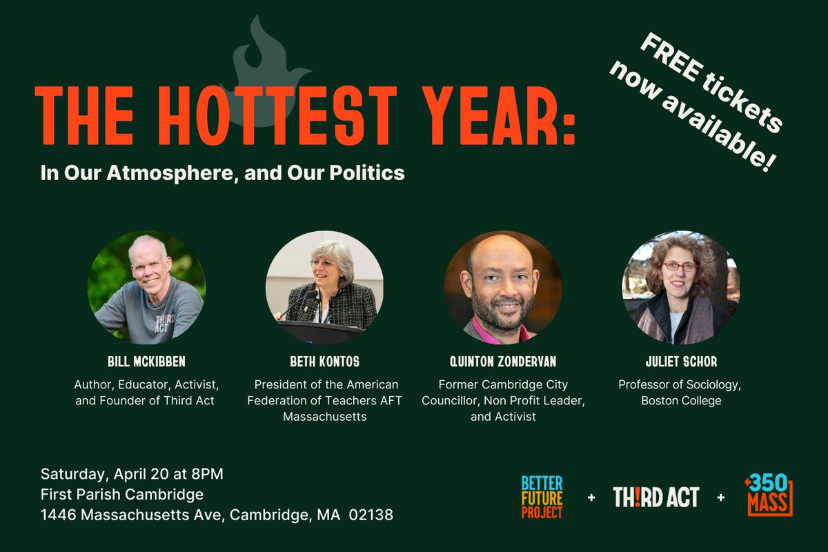 ONE WEEK FROM TODAY, join 350 Mass and @ThirdActOrg as we welcome @BillMcKibben in conversation with @Beth_Kontos and @QZondervan, moderated by @JulietSchor. Don't miss this chance to connect this Earth Month! Free tickets now available: 350mass.betterfutureproject.org/mckibben_conve…