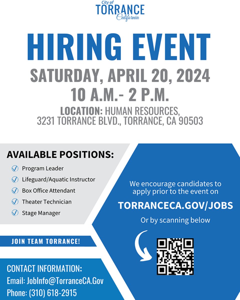 Join #TeamTorrance! Check out our open positions and apply online at TorranceCA.Gov/Jobs, then visit us at our #hiring event Saturday April 20, 2024, from 10 a.m. to 2 p.m. #TorranceCA #WhyTorrance #CityofTorrance