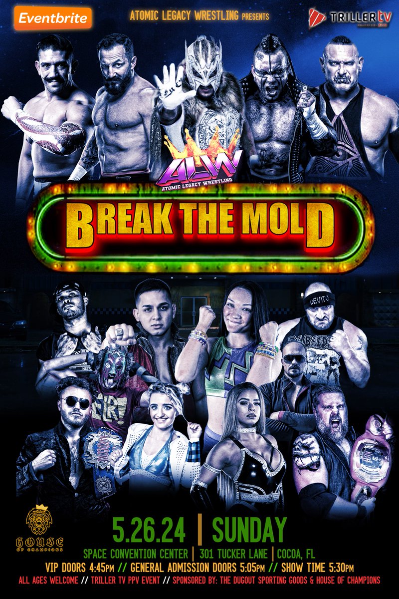 ALW @WrestlingAtomic returns home to Cocoa Florida on Sunday May 26th for 'Break The Mold' PPV Event! @1ReneeMichelle @ItsIzzyMania @XiaBrookside @Big_Kon1 @gloat @deviousjourney @thejamiestanley @jason32796 @theBobbyFish @JerrySwirlz69 Tickets: eventbrite.com/e/alw-break-th…