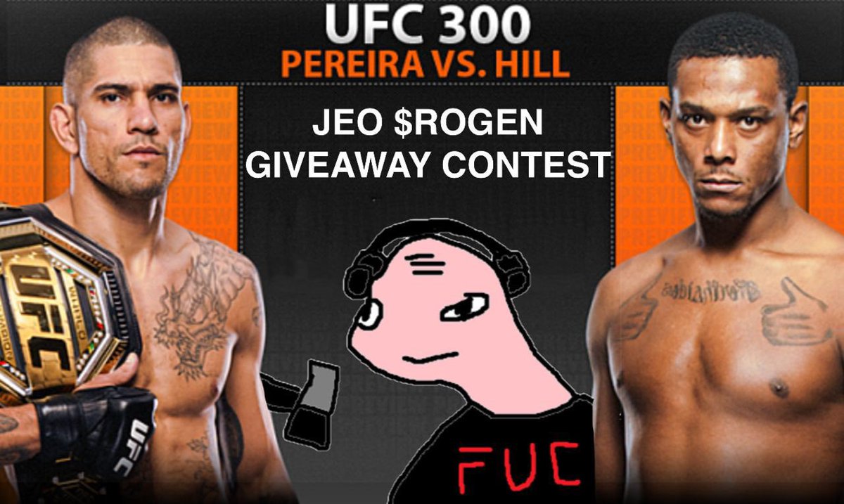 In honor of #UFC300 I’m giving away 250k $ROGEN! (~US$500)

To enter:

-Reply to this tweet with who you think will win between <a href="/AlexPereiraUFC/">Alex "Poatan" Pereira</a> and <a href="/JamahalH/">Jamahal Hill</a>

-Like and RT this post

-Must be following me @bazookajnft AND <a href="/jeorogensol/">jeo rogen</a>

I’ll randomly choose one person who picked
