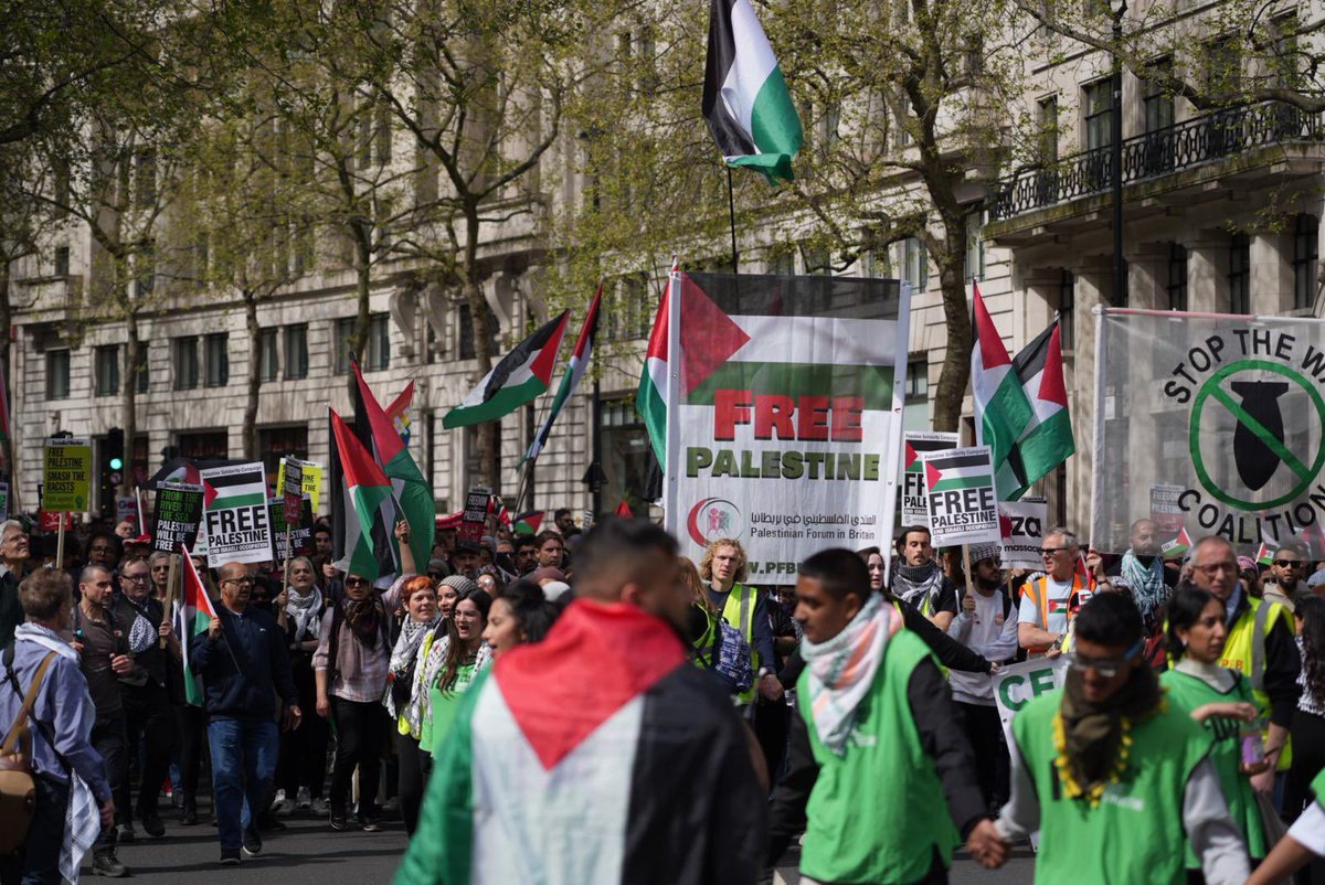 Today, the UK united in over 20 demos for Gaza, demanding a ceasefire and accountability for the Israeli occupation. Next: central London demo on the 27th, global movement post-Nakba Remembrance Day, May 18th pfbuk.com/2024/04/13/bri…