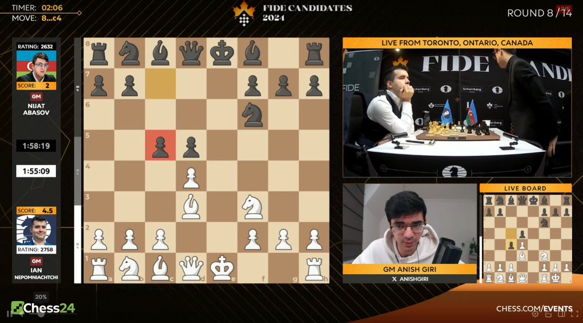 Giri: 'This rather rare variation with [7...]c5 is, in fact, what I recommended in my French @chessable course!' chess.com/events/2024-fi… #FIDECandidates