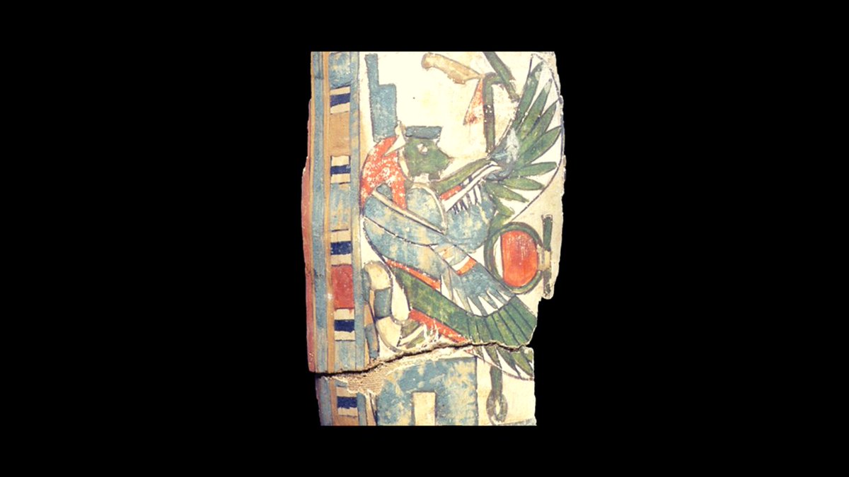 On this beautiful fragment from a mummy case, we see the headdress of Isis, face of Sekhmet, color of Wadjet and wings of Mut resulting in a powerful, protective image for the deceased.