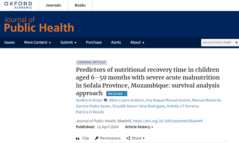 AudencioVictor's tweet photo. Orgulhoso em partilhat nosso artigo sobre malnutrição infantil publicada pela Oxford University Press! Usamos métodos estatísticos como Kaplan-Meier e regressões de Cox para analisar 1208 crianças em Moçambique. Descobrimos fatores cruciais para a recuperação nutricional. https://t.co/F6GY44dFJw