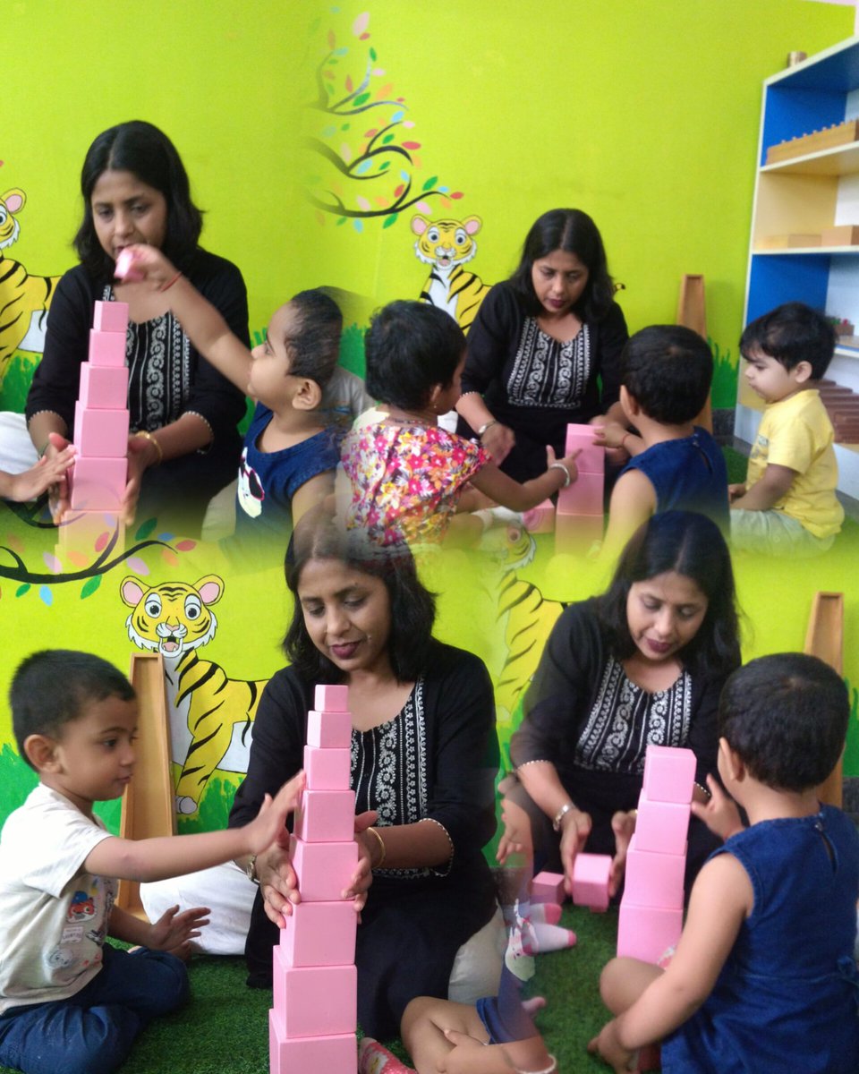 Our tiny tots are exploring the Montessori  Pink tower... 
#education #daycare #preschoolers #childcare #preschool #admissionopen #preschooleducation #montessorieducation #montessorischool #toddler
