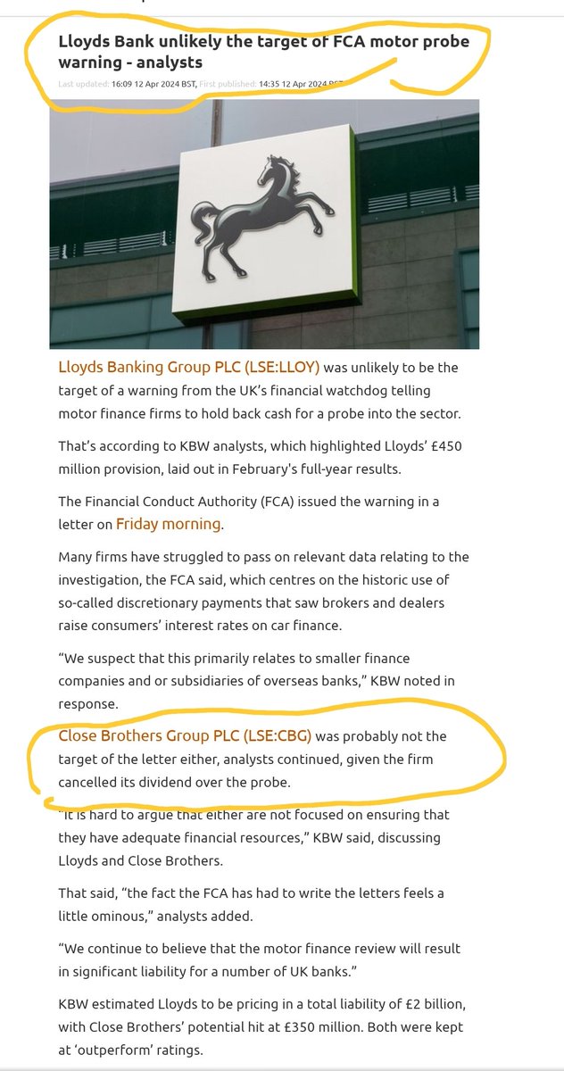 MyDeargDoom's tweet image. Lloyds #LLOY
Share Price 51p

Unlikely to get a warning from FCA watchdog. Why? because it already holds back cash for the probe into sector.

Close Brothers #CBG
Share Price 461p 

Unlikely the target of FCA letter, given it cancelled the dividend.

KBW analyst's opinion only!