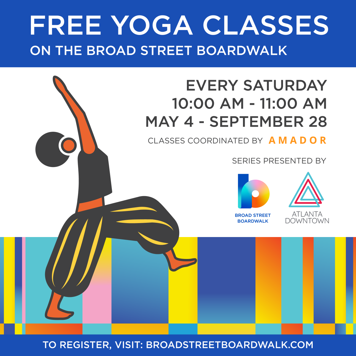 🧘‍♂️ Starting May 4th: FREE YOGA CLASSES are back on the Broad Street Boardwalk every Saturday from 10:00 - 11:00 AM. Be sure to RSVP and BYOM (Bring Your Own Mat) and water. These classes are in partnership with Malik Khalid of Amador Yoga ☮️ RSVP Link: bit.ly/49G8bbr