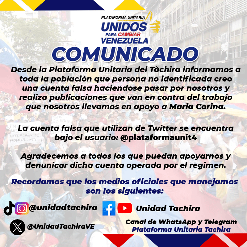 Denunciamos a todos los tachirenses que la cuenta
<a href="/Plataformaunit4/">PlataformaUnitaria</a> se está haciendo pasar por nosotros y hacer publicaciones que van en contra del trabajo que nosotros llevamos en apoyo a <a href="/MariaCorinaYA/">María Corina Machado</a> .

<a href="/unidadvenezuela/">Unidad Venezuela</a> <a href="/VenteTachira/">VenteTachira</a> <a href="/ConVzlaComando/">Comando ConVzla</a>