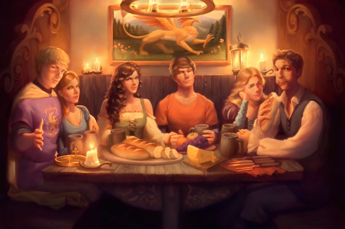 This is an old artwork by karimattsart of my characters inviting you to pull up a chair and join them for a meal. I love all the details--from the painting depicting Jonathan's griffin form, to the loving look Lia is giving Tyson as he stuffs his face! #characterart  #YAFantasy