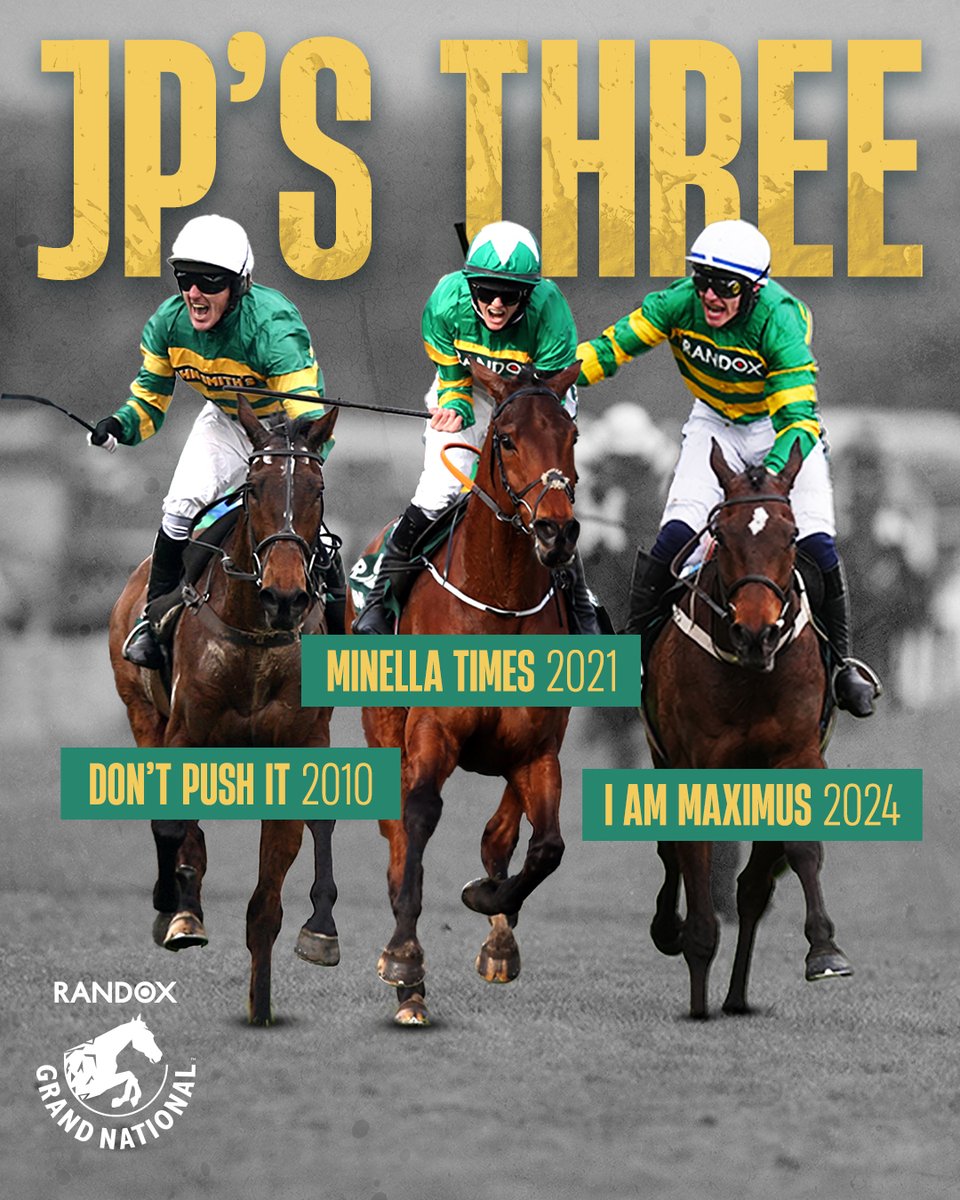 Iconic silks. Iconic race. Iconic horses. Iconic jockeys. A trio of @RandoxHealth Grand National wins for JP McManus 🟢🟡