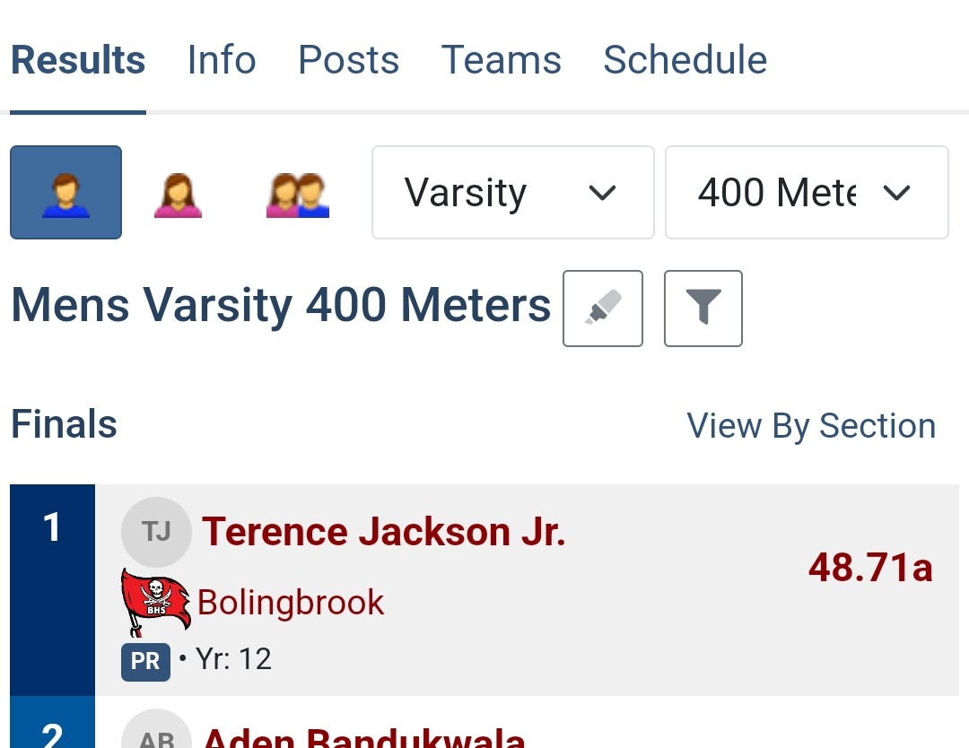 Congratulations to Terence Jackson Jr. not just for finishing 1st in the Men's Varsity 400m race, but for capturing the fastest time in the state of IL!!!!

He finished with a 48.71 at the  DGS 37th Annual Bud Mohns/Bob Cohoons Invitational!!!!