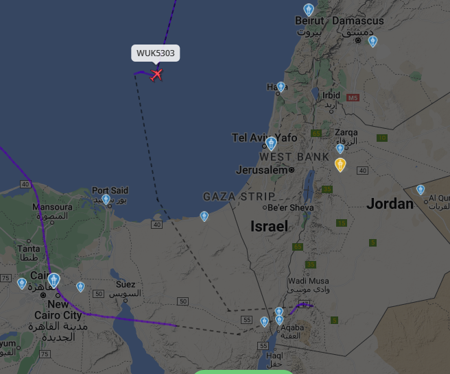 Some absolute bonkers Israeli GPS jamming underway tonight. WUK5303 (Wizz Jet flight) jumped from Jordan to the Mediterranean in seconds.