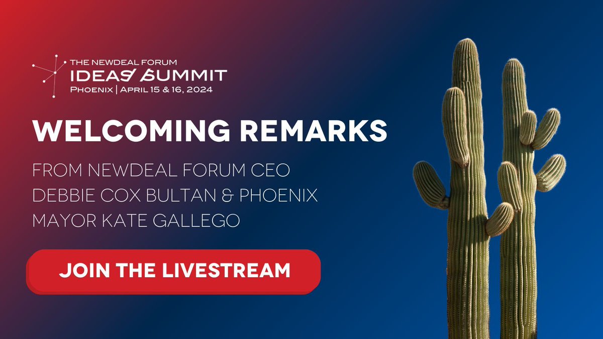 #IdeasSummit2024 kicks off THIS MONDAY at 11:30 AM MST / 2:30 PM EST! Here’s a rundown of what to expect, starting with NewDEAL Forum CEO @debbiecoxbultan & @MayorGallego’s Welcoming Remarks. Bookmark this link to join via livestream: newdealforum.org/forum-events/2…