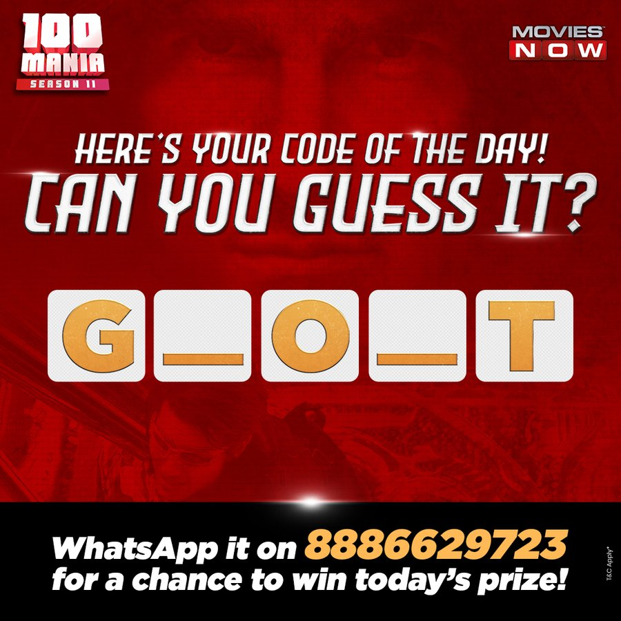 TimesNow's tweet photo. Read the title of tonight’s blockbuster…
Tune into Movies Now at 8:45 PM, spot and WhatsApp the code on 88866 29723 for a chance to win awesome prizes! @moviesnowtv
#100Mania #100BlockBusters #100Gifts #100Prizes #100ManiaS11 #Movies #Hollywood #WinGifts #100DaysOfHappines #ContestAlert #SmartPhone #Earbuds #Smartwatch #HollywoodBlockBusters #WinBig #BigGifts