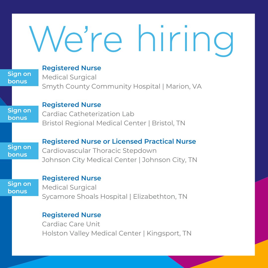 ⭐ Cont. ⭐ RN or LPN, CVT Stepdown, *SIGN ON BONUS*, Johnson City, TN: ow.ly/MkrR50RegQ9 RN, Medical Surgical, *SIGN ON BONUS*, Elizabethton, TN: ow.ly/37M450RegQa RN, Cardiac Care Unit, Kingsport, TN: ow.ly/GcS550RegQ8 #balladhealth #careers