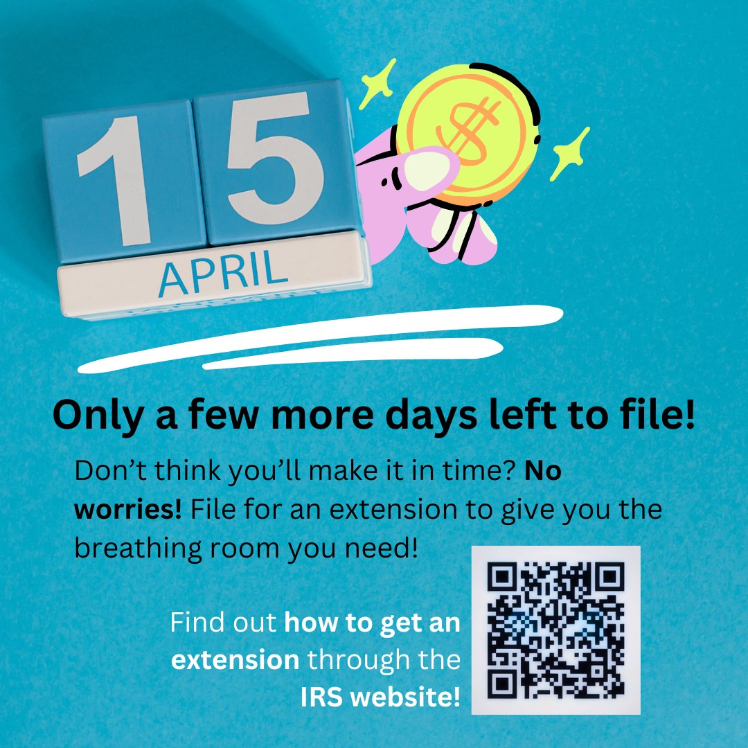 April 15th is only a few days away! If you haven't booked your appointment yet, don't worry! You can always file for an extension to give yourself more time. Learn more about filing for an extension on the IRS website: irs.gov/forms-pubs/ext…!